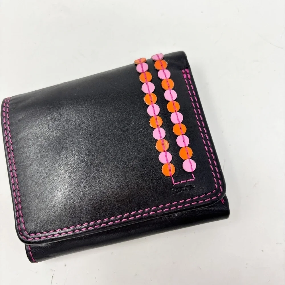 ROLFS Women’s Black Tri-Fold Wallet Pink Orange Accents Credit Cards ID Coins